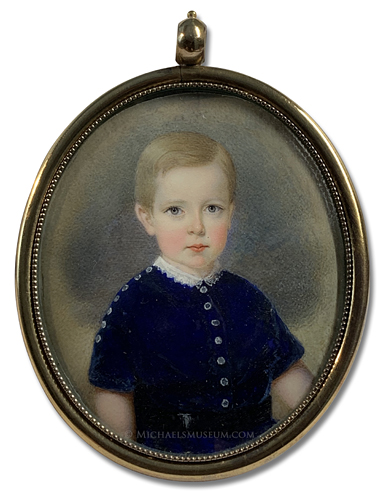 Portrait miniature by John Carlin of a Jacksonian Era boy wearing a blue velvet Eton suit with silver buttons and a lace collar