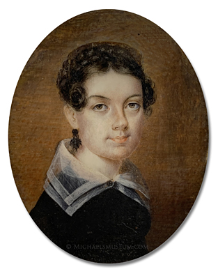 Portrait miniature by Anna Claypoole Peale of a young Jacksonian Era lady wearing a black dress with a large, organza collar