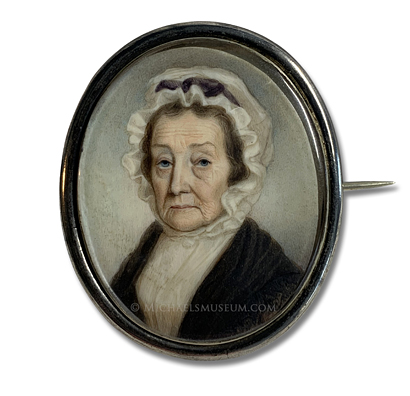 Portrait miniature by Anson Dickinson of an elderly, early nineteenth century American lady wearing a ruffled bonnet and dark colored shawl