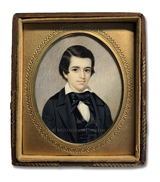 Portrait miniature by Anson Dickinson of a Jacksonian Era boy in formal attire