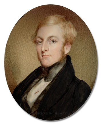 Portrait miniature by John Wood Dodge of a Jacksonian era gentleman with blond hair and sideburns
