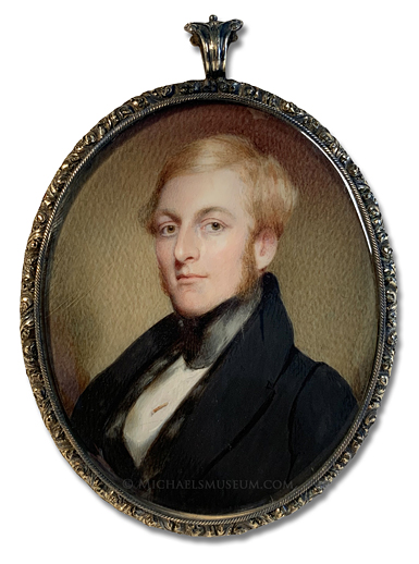 Portrait miniature by John Wood Dodge of a Jacksonian era gentleman with blond hair and sideburns