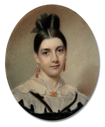 Portrait miniature by John Wood Dodge of a Jacksonian era lady wearing coral jewelry.