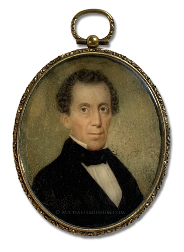 Portrait miniature by Edward Samuel Dodge of a Jacksonian era gentleman with curly hair