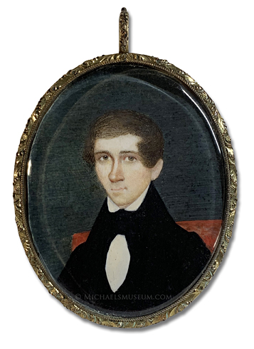 Portrait miniature by Augustus Fuller of a Jacksonian era gentleman seated in a red chair