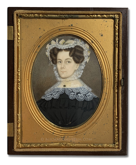 Portrait miniature by Augustus Fuller of a Jacksonian era lady wearing a lace bonnet and shawl