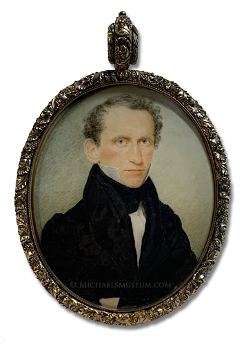 Portrait miniature by Elizabeth Goodridge of a Jacksonian era gentleman with folded arms