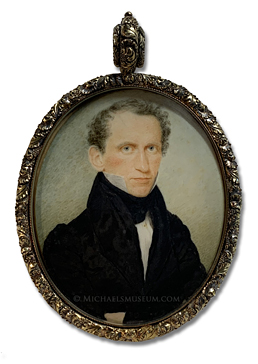 Portrait miniature by Elizabeth Goodridge of a Jacksonian era gentleman with folded arms