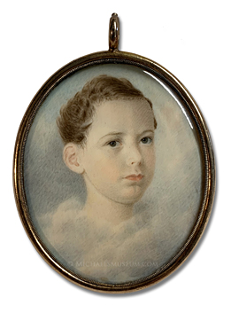 Portrait miniature by Elizabeth Goodridge of a Jacksonian era boy depicted amongst heavenly clouds