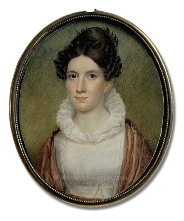 Portrait miniature by Sarah Goodridge of a Jacksonian era lady wearing a high-back lace collar and a coral-colored shawl