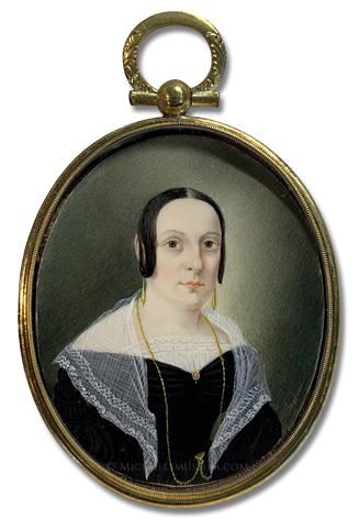 Portrait miniature by Christopher Martin Greiner, of a Jacksonian Era lady wearing a lace shawl and gold jewelry