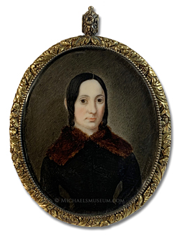 Portrait miniature by Christopher Martin Greiner, of a Jacksonian era lady wearing a fur coat