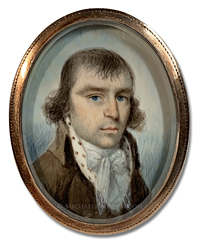 Portrait miniature by Nathaniel Hancock depicting a Federalist Era American gentleman identified by the monogramed initials of "MK"