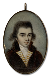 Portrait miniature by Nathaniel Hancock of a Federalist era gentleman wearing a brown coat with gold and cream colored facings
