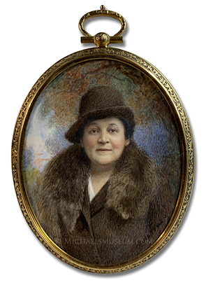 Portrait Miniature by Marion Caroline Hoffman Hartman of an American Lady of the 1930s, Wearing a Mink Stole and Depicted in an Outdoor Landscape