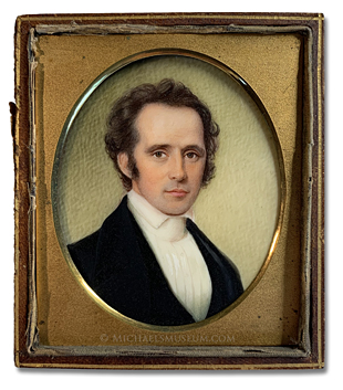 Portrait miniature by George Harvey depicting a Jacksonian Era New England gentleman with Wavy Brown Hair and Sideburns