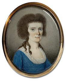 Portrait miniature by Pierre Henri of a Federalist Era lady wearing a blue dress with a lace neckline