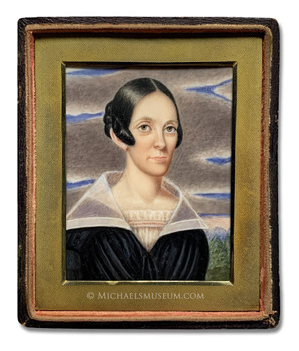 Portrait miniature of an unknown Jacksonian era lady -- artist unknown Portrait miniature of an unknown Jacksonian era lady, depicted in a landscape with a dramatic sky background -- artist unknown