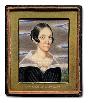 Portrait miniature of an unknown Jacksonian era lady, depicted in a landscape with a dramatic sky background -- artist unknown
