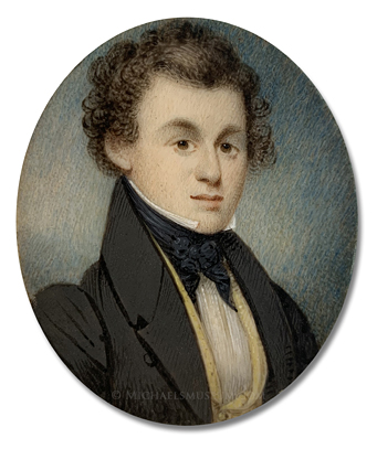Portrait miniature by William Lewis of a Jacksonian era gentleman, identified by the initials "G. A. H.", and wearing a yellow, double breasted, shawl collar vest