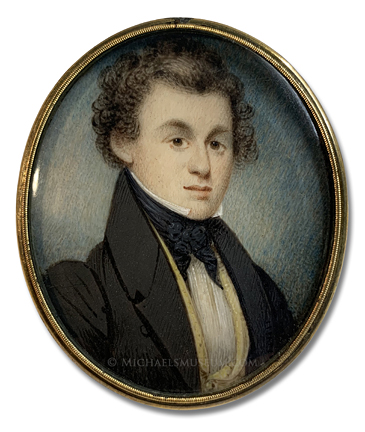 Portrait miniature by William Lewis of a Jacksonian era gentleman, identified by the initials "G. A. H.", and wearing a yellow, double breasted, shawl collar vest