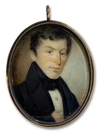 Portrait miniature by William Lewis of a Jacksonian era gentleman depicted holding a hand in his waistcoat
