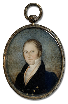 Portrait miniature by Abraham Parsell depicting a Jacksonian Era gengleman wearing a navy blue coat over a gold-colored waistcoat