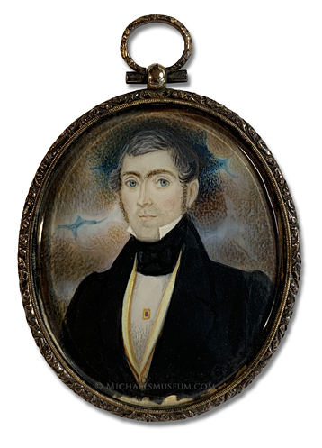 Portrait miniature by Abraham Parsell of a Jacksonian Era gengleman depicted with a dramatic sky background