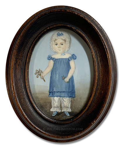Portrait miniature by Abraham Parsell of a young, Jacksonian Era girl holding toy bells and a sprig of flowers