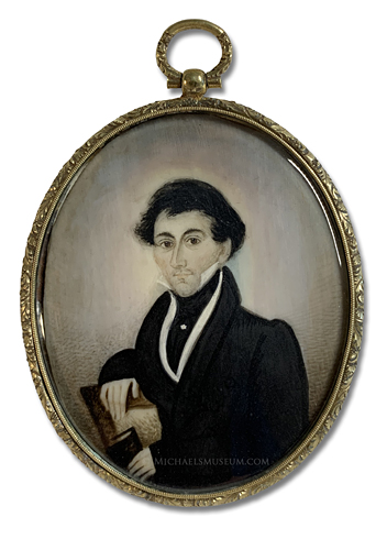 Portrait miniature by Abraham Parsell of a Jacksonian Era gengleman seated in a chair and holding a book