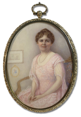 Portrait Miniature by Elizabeth Bangs Currie Paterson depicting a World War I Era American Lady, Elegantly Dressed and Seated on a Settee