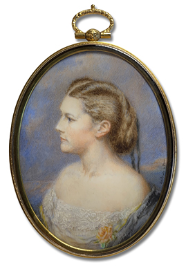 Portrait miniature by Gertrude L. Pew depicting a World War I era American lady in profile view with a sky background