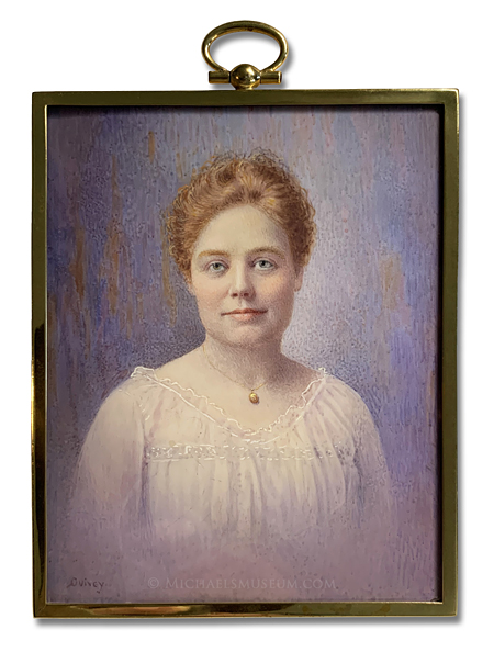 Portrait miniature by Claude E. Quivey depicting an early twentieth century American lady with strawberry blonde hair