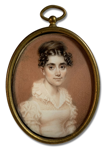 Portrait miniature by Nathaniel Rogers of a Jacksonian era lady depicted with an ocher-colored background