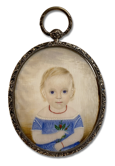 Portrait miniature by Clarissa Peters Russell  (Mrs. Moses B. Russell) depicting a young Jacksonian era girl with blond hair and blue eyes