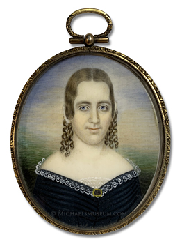Portrait miniature by Clarissa Peters Russell  (Mrs. Moses B. Russell) of a Jacksonian era lady with long ringlets of brown hair