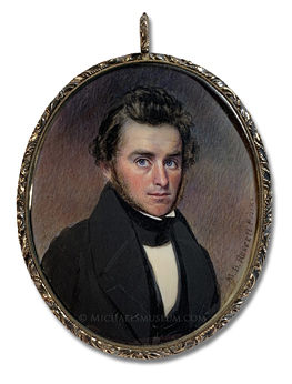 Portrait miniature by Moses B. Russell of a Jacksonian era gentleman with wavy hair and long sideburns