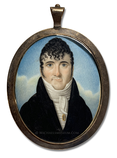 Portrait miniature attributed to Cornelius Schroeder of an early nineteenth century American gentleman depicted with a sky background