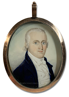 Portrait miniature by Lawrence Sully depicting an unknown Federalist era gentleman with blue eyes and powdered hair