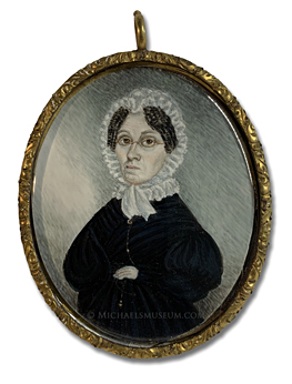 Portrait miniature by Henry Walton of a Jacksonian era lady wearing a bonnet and spectacles