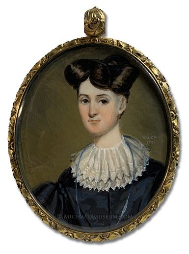 Portrait miniature by Alfred S. Waugh of a Jacksonian era lady, presumed to be Mrs. Henry McKee of Raleigh, North Carolina.