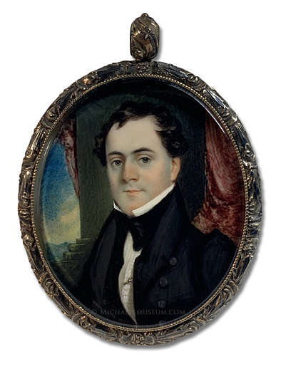 Portrait miniature of a Jacksonian era gentleman depicted in a neoclassical setting beside a column and red drapery and with mountains visible in the distance -- artist unknown