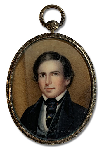 Portrait miniature of a Jacksonian era gentleman depicted at the corner of an unknown structure -- artist unknown