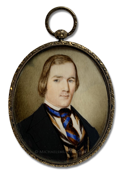 Portrait miniature of an unknown Jacksonian era gentleman wearing a colorful cravat and waistcoat -- artist unknown