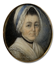 Portrait miniature of an unknown, early American lady wearing a lace bonnet with a blue ribbon