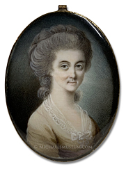 Portrait miniature of an unknown early American lady wearing an ecru colored dress with a lace neckline