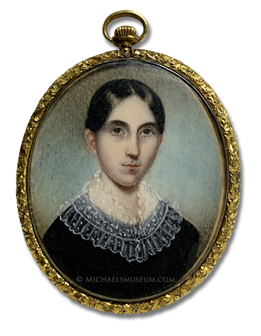 Portrait miniature of an unknown Jacksonian era lady wearing a black dress and a lace fichu-- artist unknown
