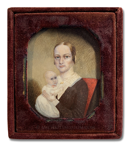 Portrait miniature of a Jacksonian era lady holding a baby-- artist unknown