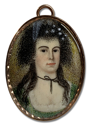 Portrait miniature by Ebenezer Mack depicting an Early American lady wearing feathers and jewels in her hair
