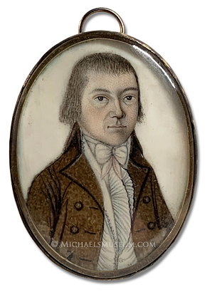 Portrait miniature by Ebenezer Mack depicting an Early American gentleman wearing a brown coat